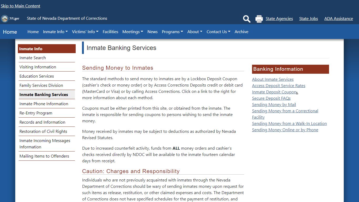 Inmate Banking Services | Nevada Department of Corrections